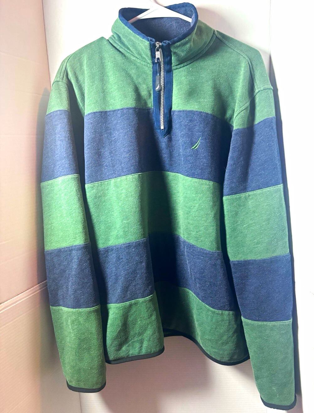 Nautica Men’s L Green Blue Striped Fleece 1/4 Zip Mock Neck Logo Sweatshirt